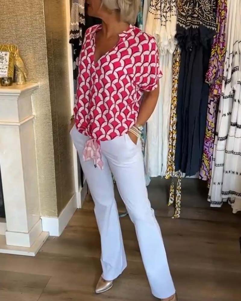 Short-Sleeved V-Neck Printed Casual Top Women Spring Summer Blouse 8