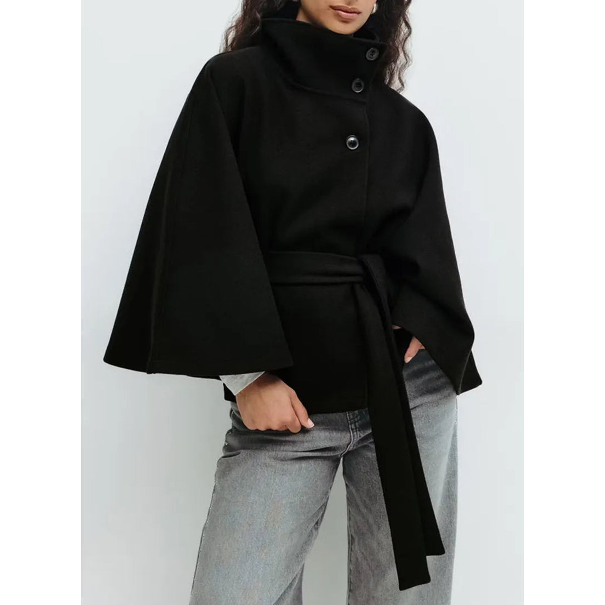 Short Cape Coat Women Funnel Neck Belted Waist Chic Casual Outerwear 0