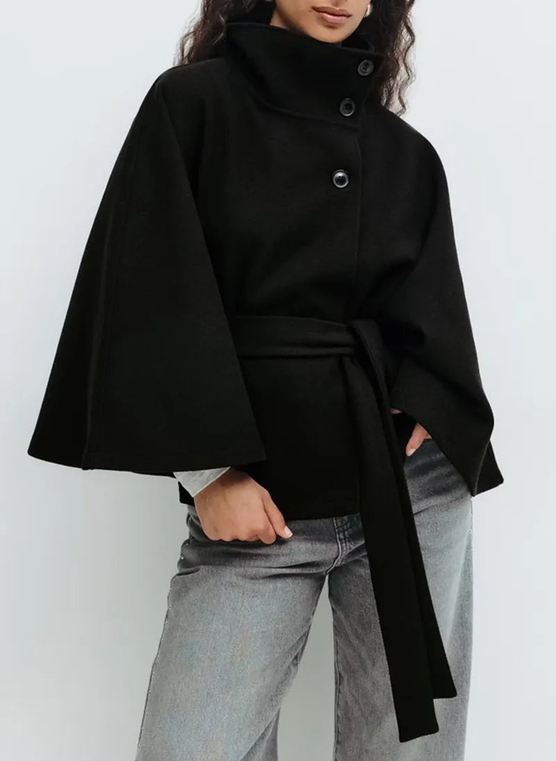 Short Cape Coat Women Funnel Neck Belted Waist Chic Casual Outerwear 0