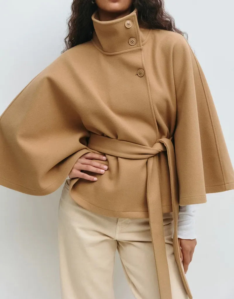 Short Cape Coat Women Funnel Neck Belted Waist Chic Casual Outerwear 1