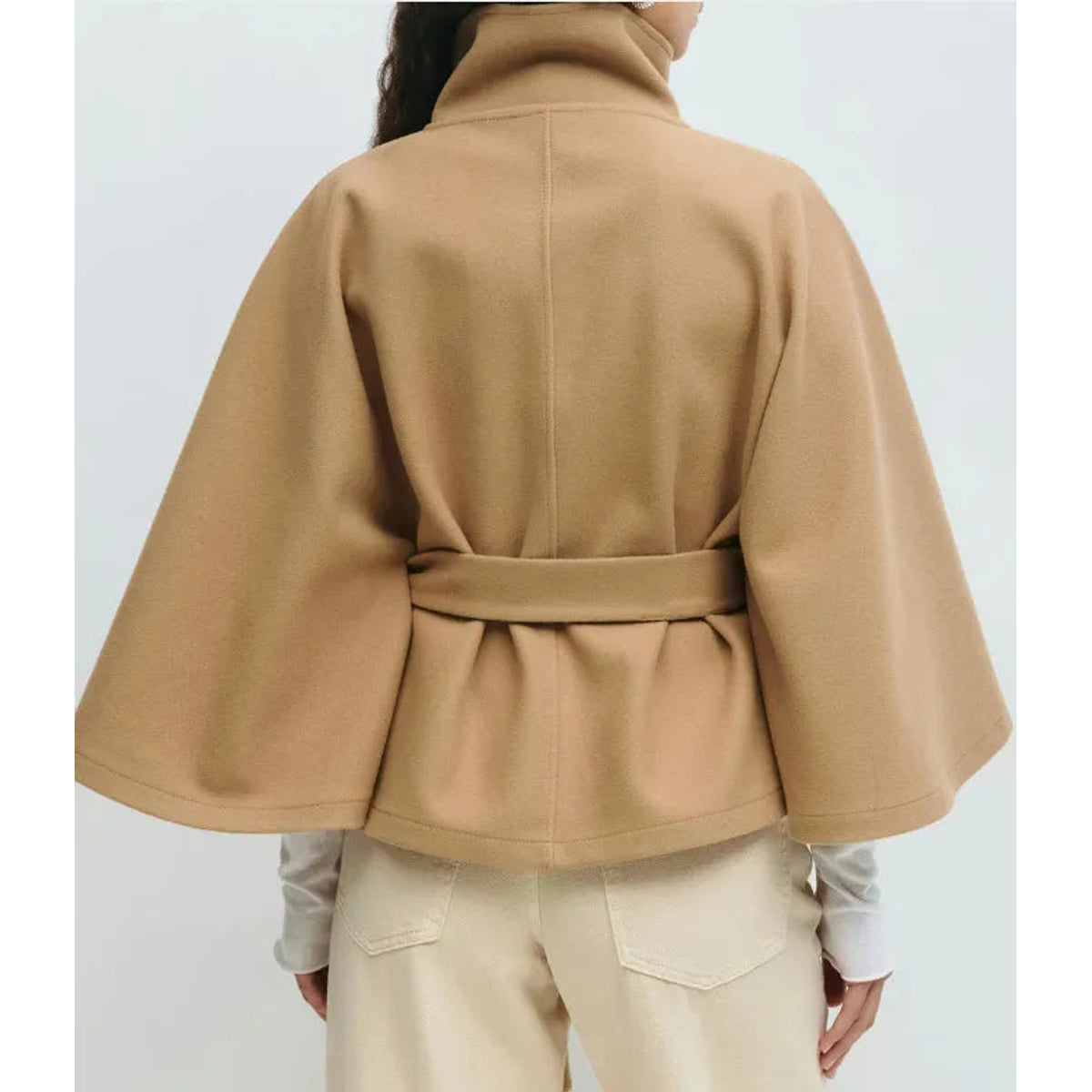Short Cape Coat Women Funnel Neck Belted Waist Chic Casual Outerwear 2