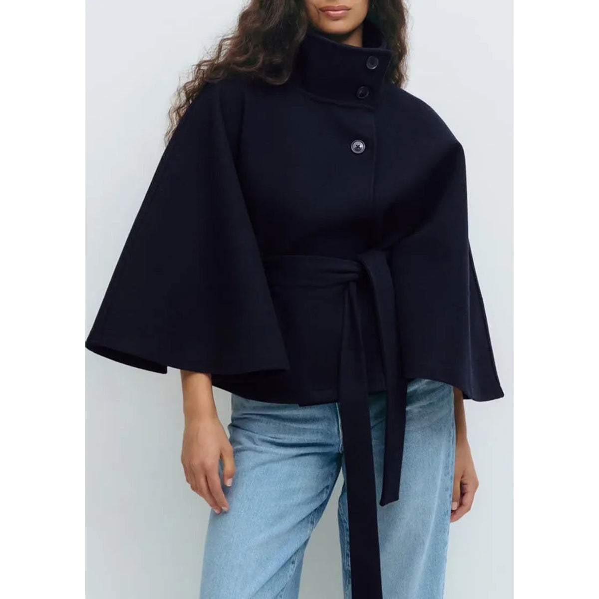 Short Cape Coat Women Funnel Neck Belted Waist Chic Casual Outerwear 3