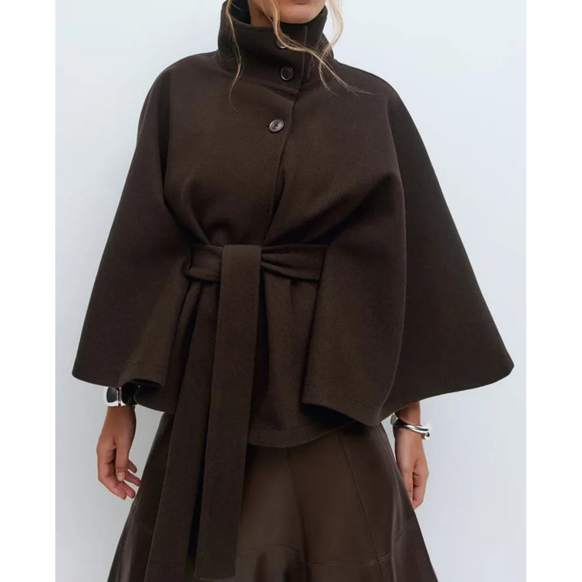 Short Cape Coat Women Funnel Neck Belted Waist Chic Casual Outerwear 5