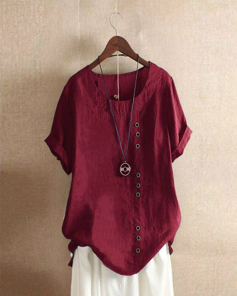 Short Sleeve Blouse Women Round Neck Casual Chic Solid Color 10