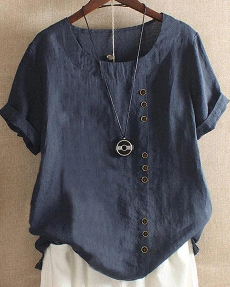 Short Sleeve Blouse Women Round Neck Casual Chic Solid Color 3