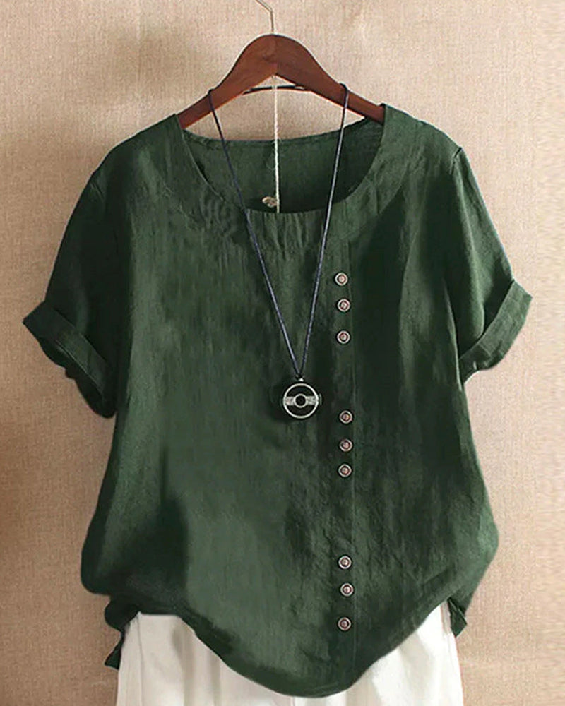 Short Sleeve Blouse Women Round Neck Casual Chic Solid Color 4