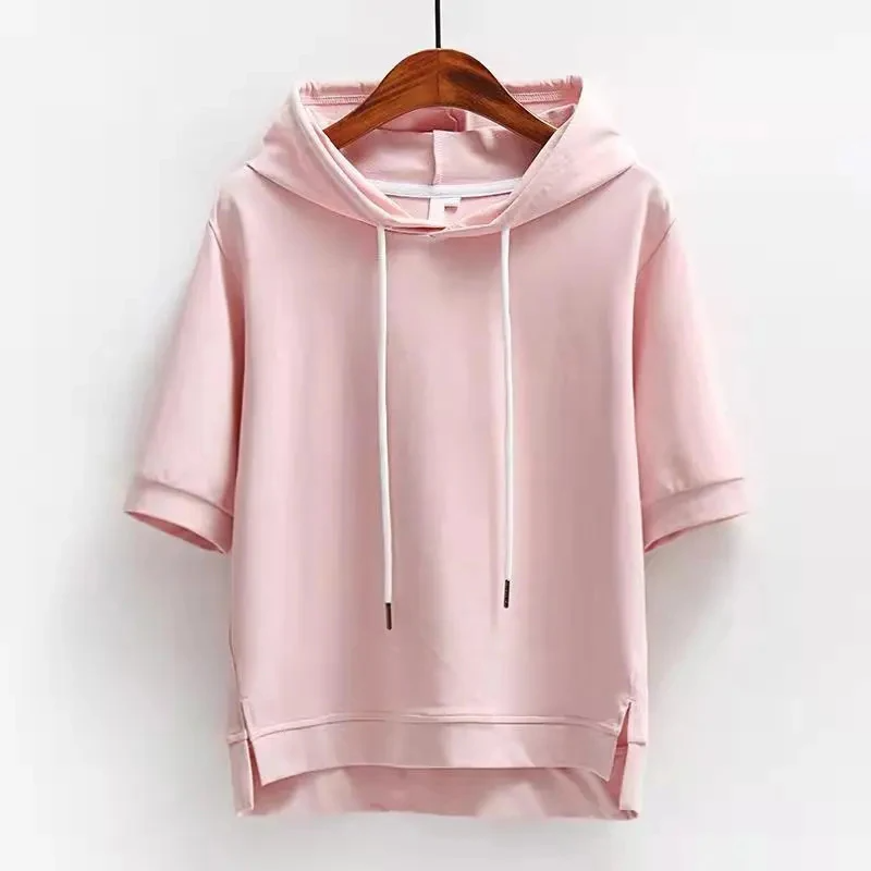 Short Sleeve Hoodie Lightweight Cotton Blend Relaxed Fit Casual 0
