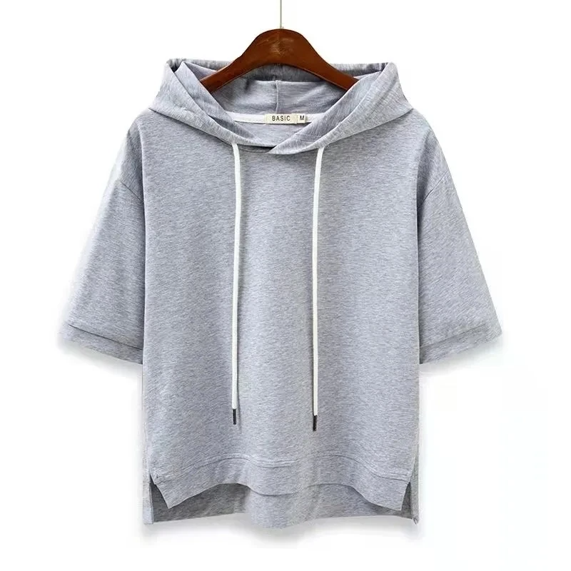 Short Sleeve Hoodie Lightweight Cotton Blend Relaxed Fit Casual 3