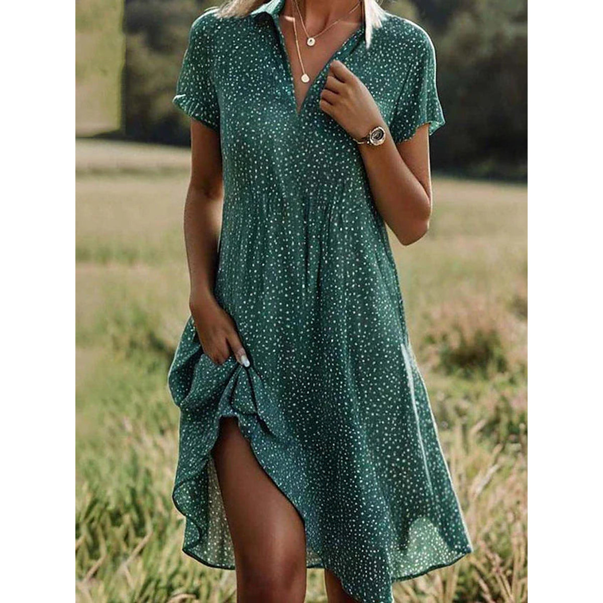 Short Sleeve Shirt Dress Women Midi Elegant Casual Chic Summer Dress 0
