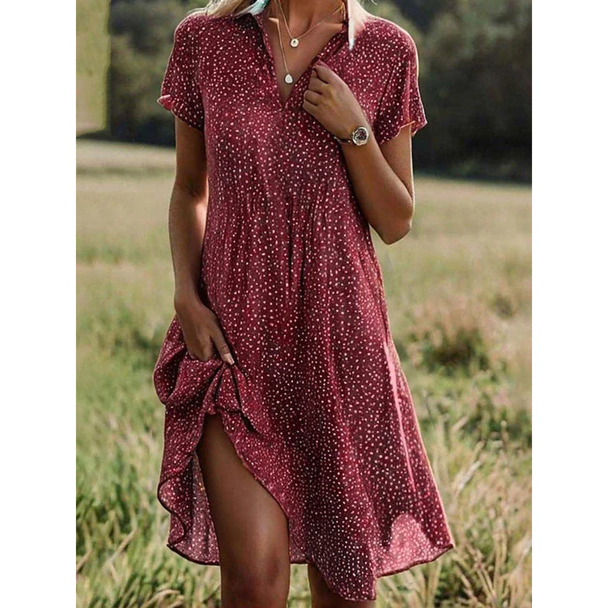 Short Sleeve Shirt Dress Women Midi Elegant Casual Chic Summer Dress 1