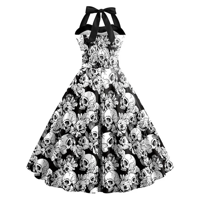 Skull Print Midi Dress Women Sleeveless Chic Halloween Costume 1