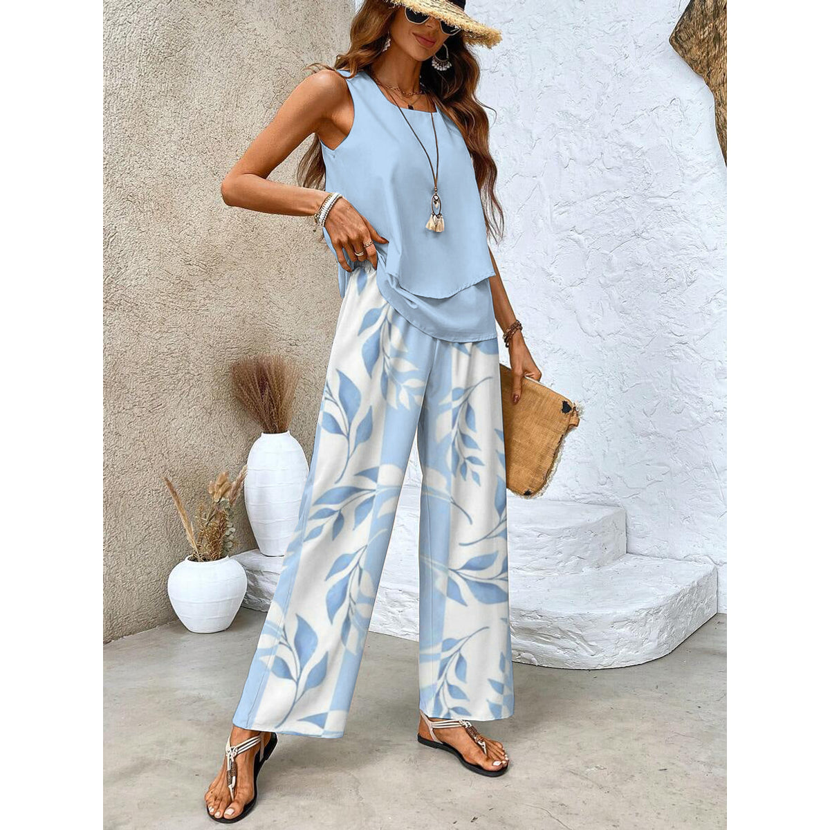 Sleeveless Top and Straight-Leg Pants Set Women Chic Elegant Style 1