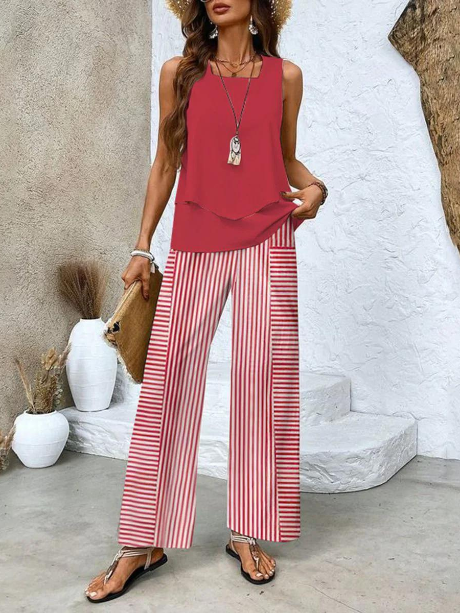 Sleeveless Top and Straight-Leg Pants Set Women Chic Elegant Style 3
