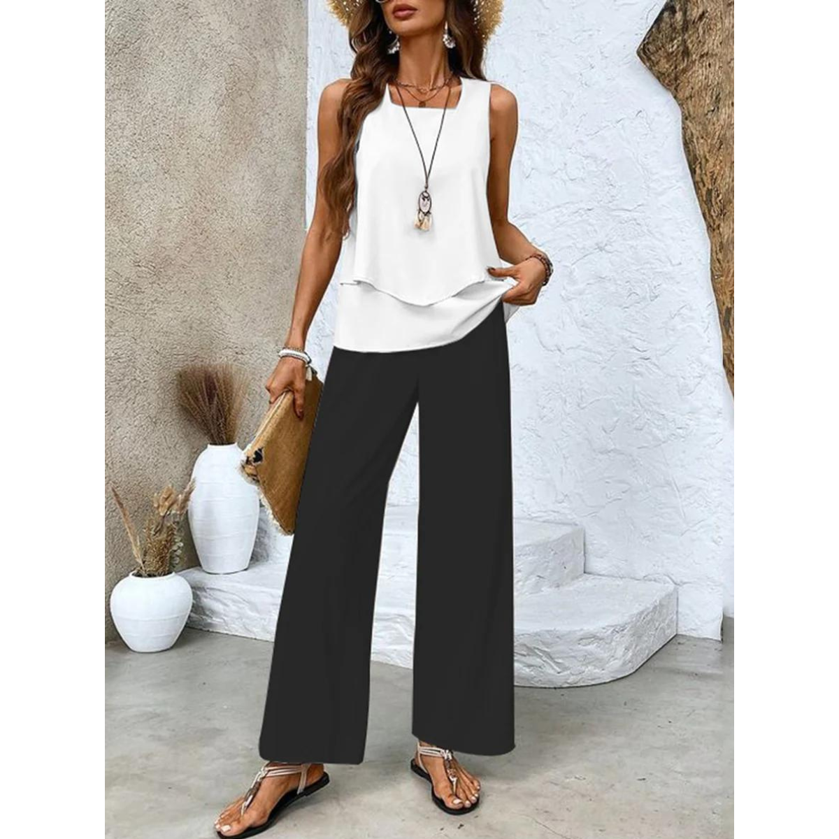 Sleeveless Top and Straight-Leg Pants Set Women Chic Elegant Style 6