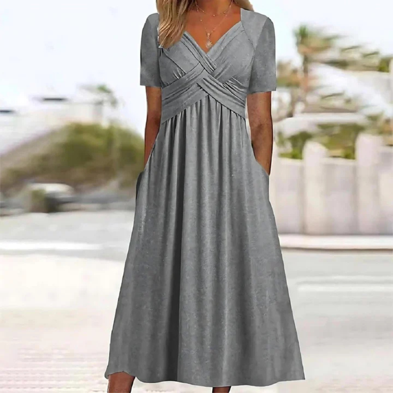 Soft A-Line Dress with V-Neck for Women | Midi Elegant Style 3