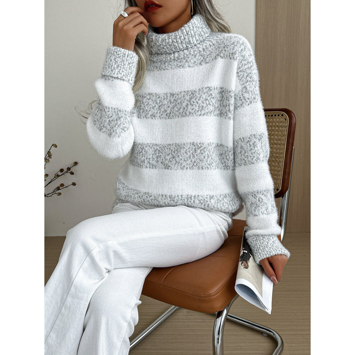 Striped Cotton Turtleneck Sweater Women Long Sleeve Casual Chic 0
