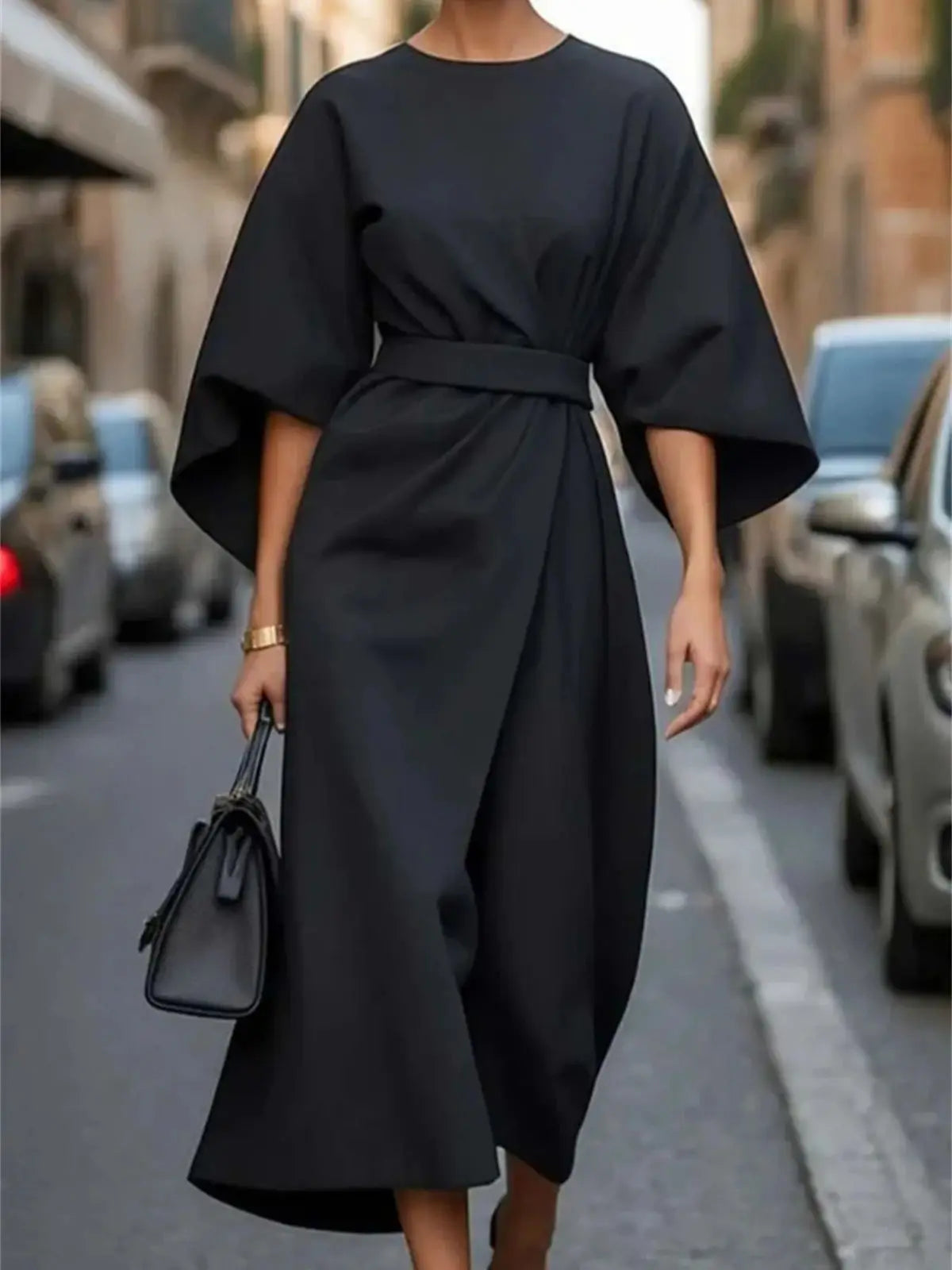 Structured A-Line Midi Dress Women Belted Waist Bell Sleeve Elegant 1