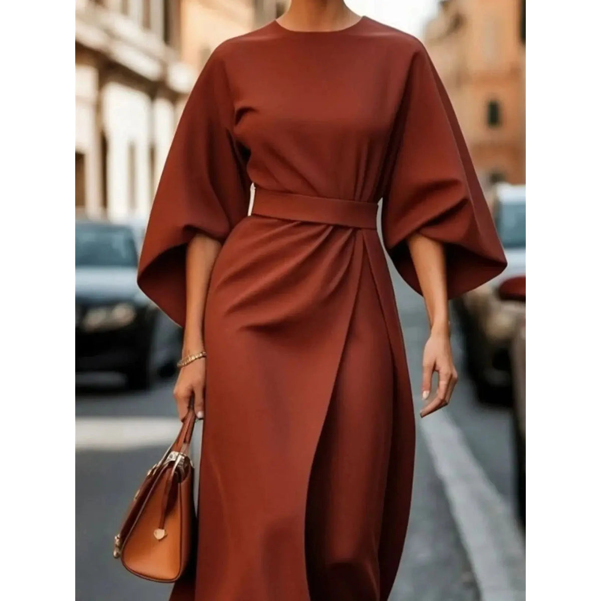 Structured A-Line Midi Dress Women Belted Waist Bell Sleeve Elegant 3