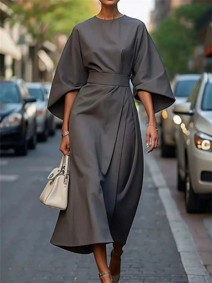 Structured A-Line Midi Dress Women Belted Waist Bell Sleeve Elegant 4