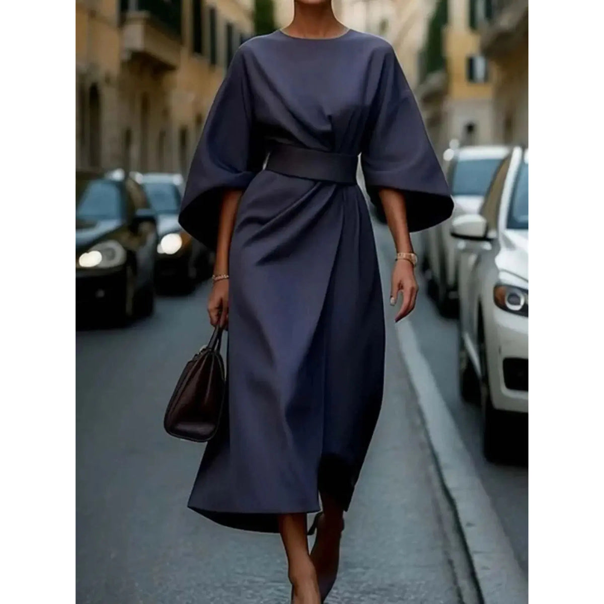 Structured A-Line Midi Dress Women Belted Waist Bell Sleeve Elegant 5