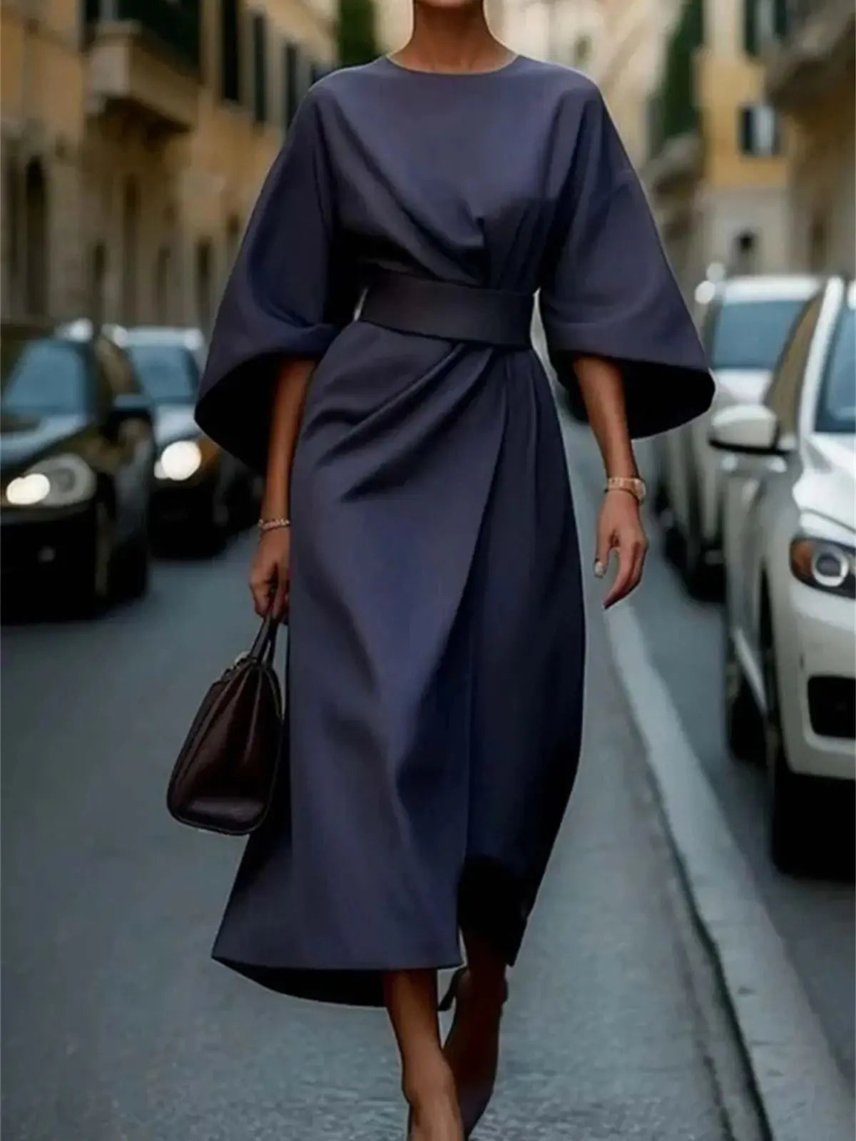 Structured A-Line Midi Dress Women Belted Waist Bell Sleeve Elegant 5