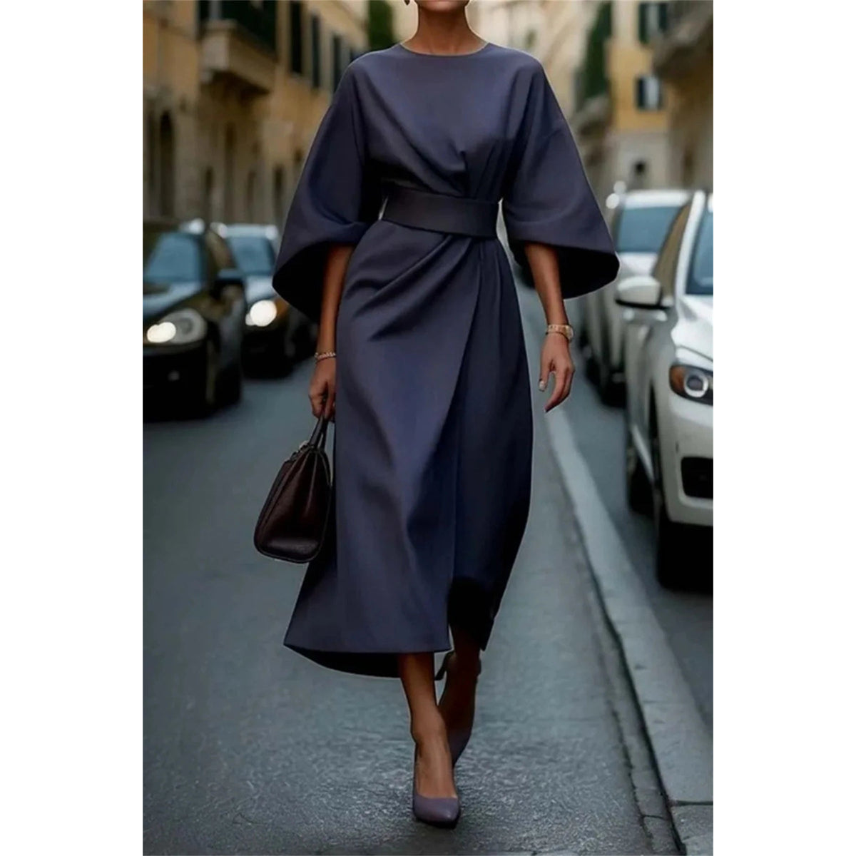 Structured A-Line Midi Dress Women Belted Waist Bell Sleeve Elegant 7