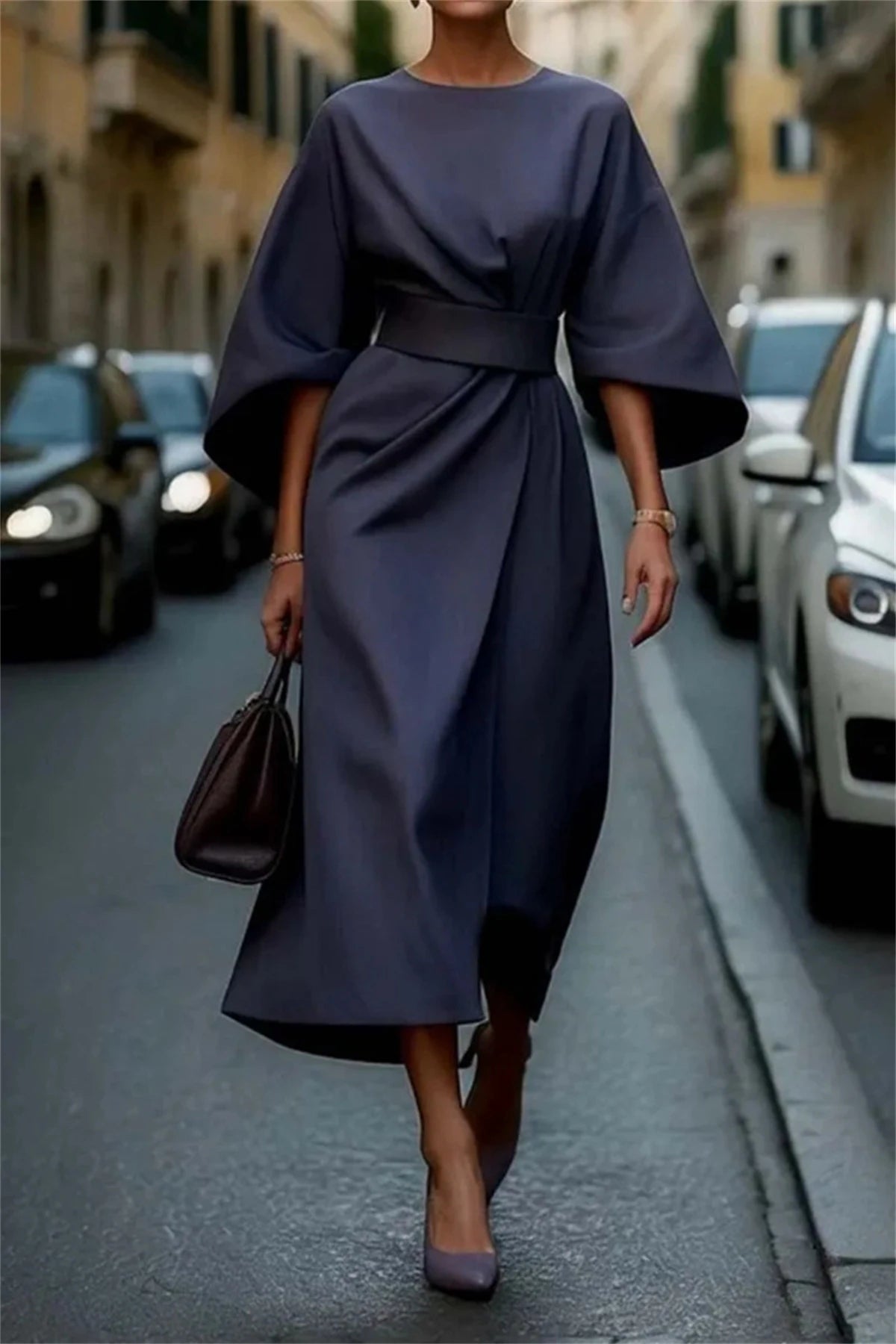 Structured A-Line Midi Dress Women Belted Waist Bell Sleeve Elegant 7
