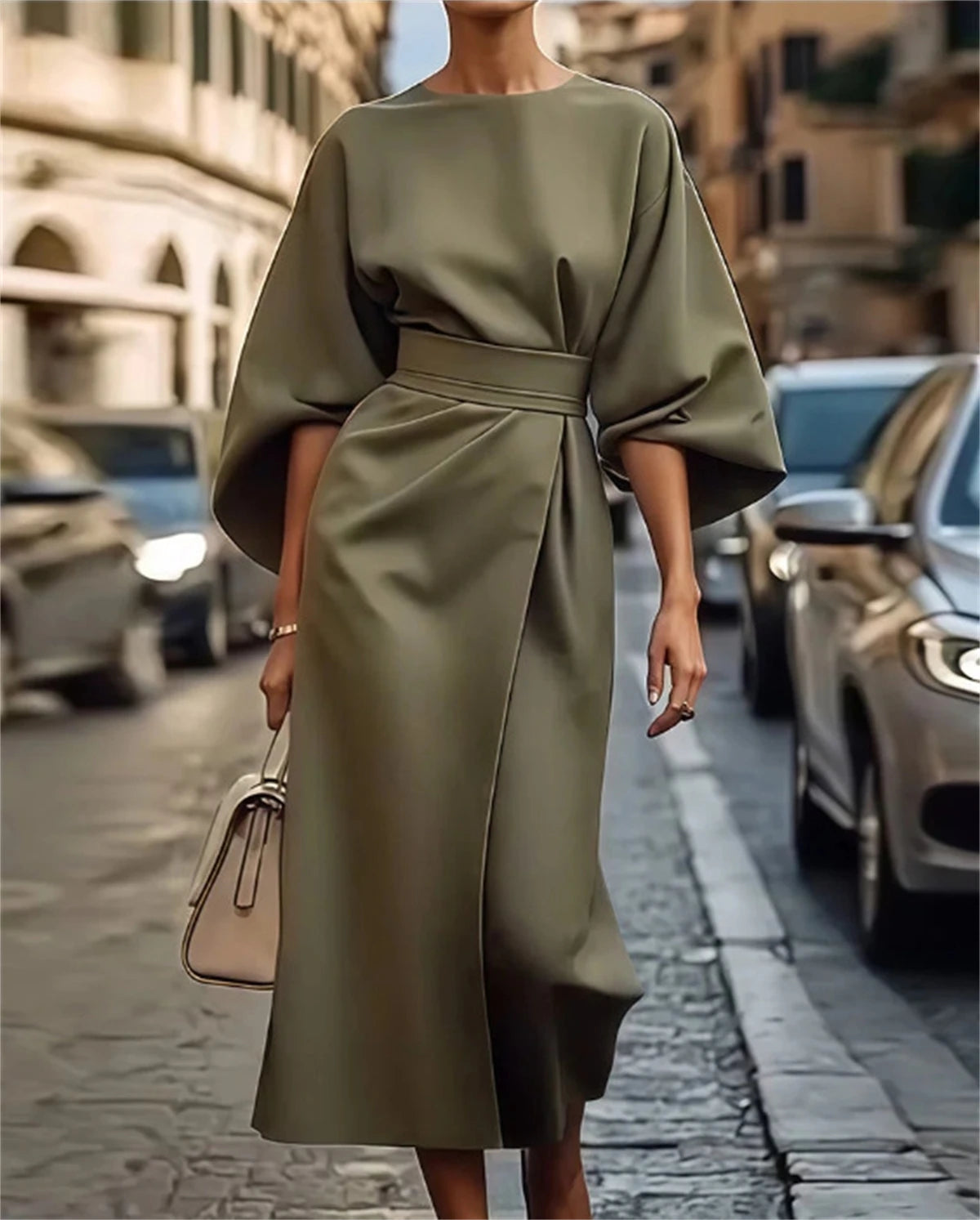 Structured A-Line Midi Dress Women Belted Waist Bell Sleeve Elegant 8
