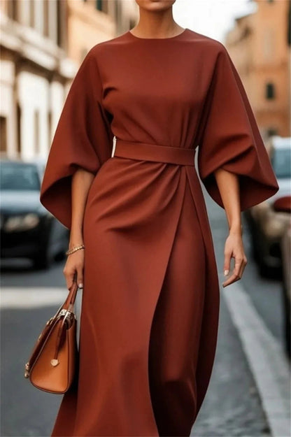 Structured A-Line Midi Dress Women Belted Waist Bell Sleeve Elegant 9
