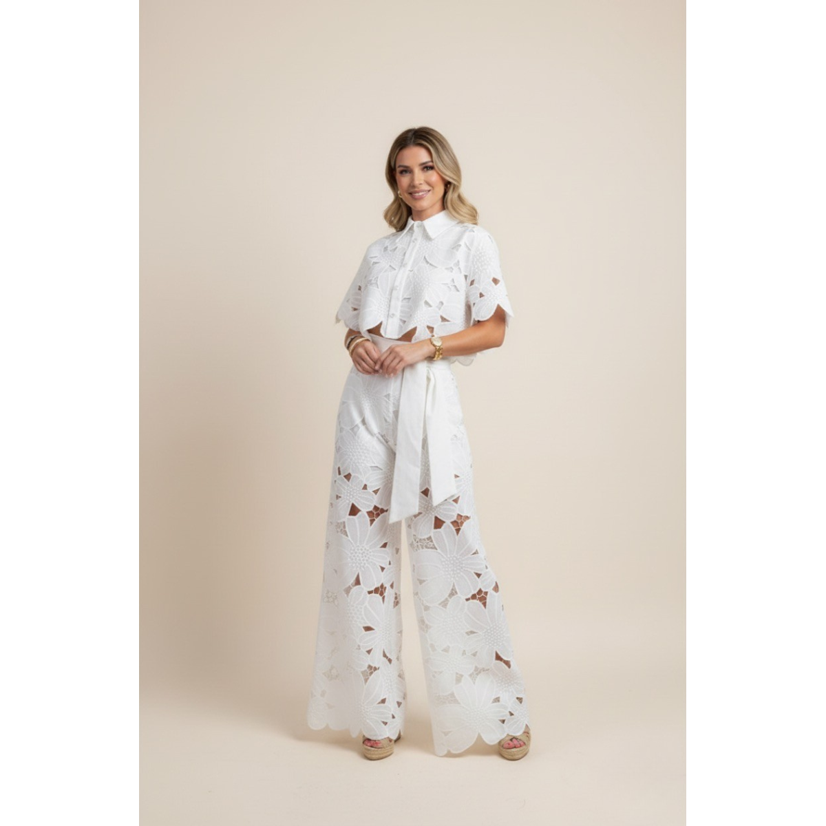 Two-Piece Set Women's Floral Embroidery Cut Out Summer Chic 2