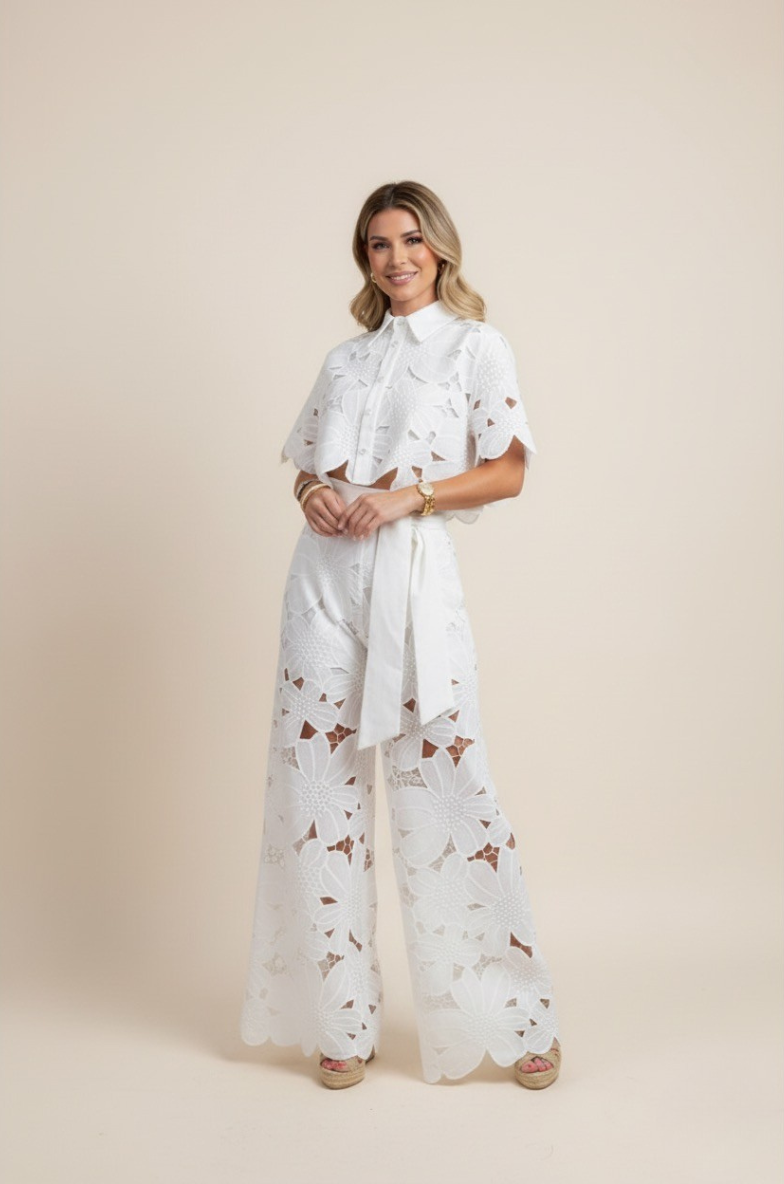 Two-Piece Set Women's Floral Embroidery Cut Out Summer Chic 2
