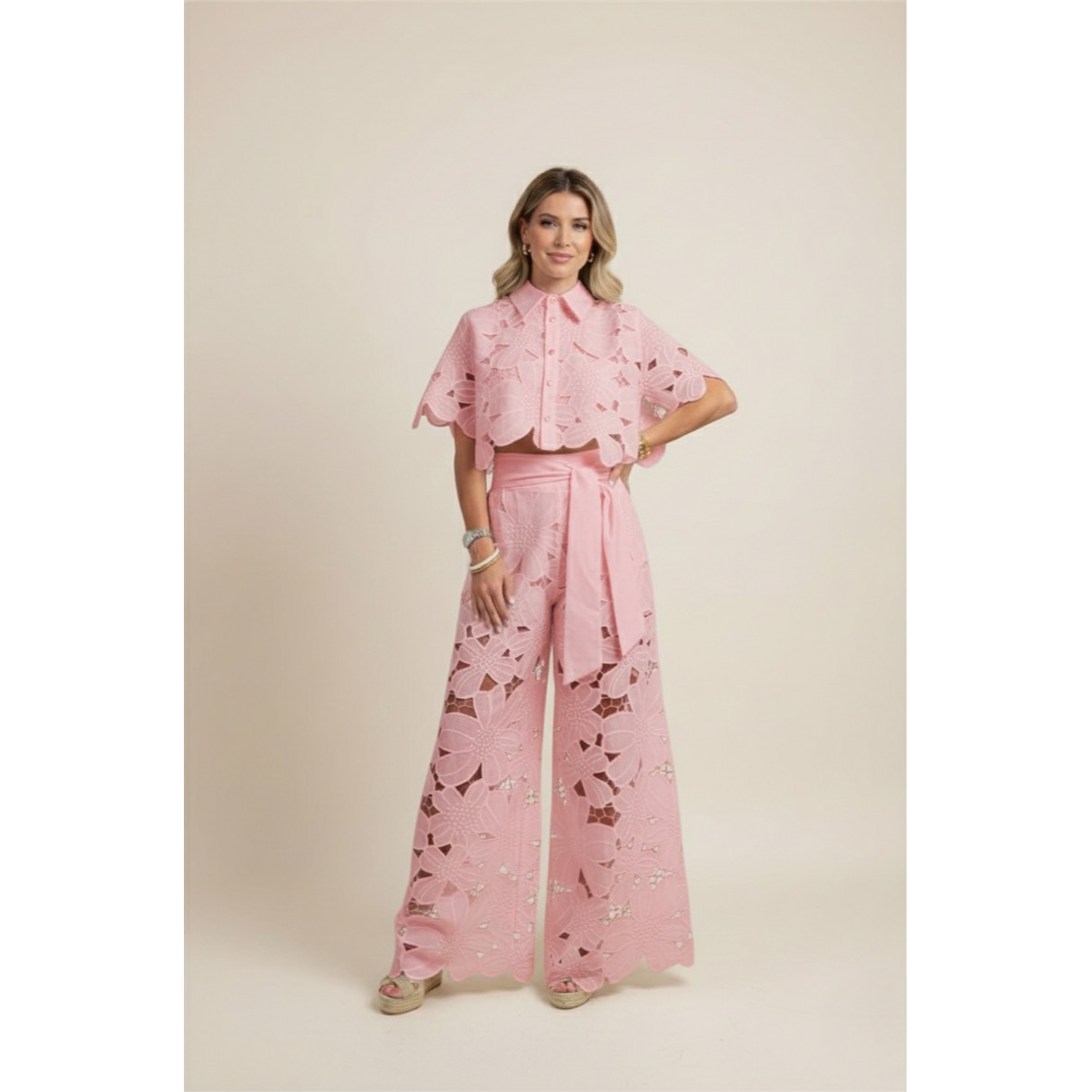 Two-Piece Set Women's Floral Embroidery Cut Out Summer Chic 3