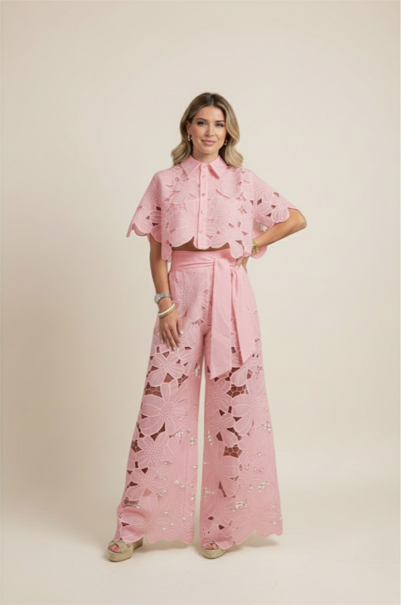 Two-Piece Set Women's Floral Embroidery Cut Out Summer Chic 3