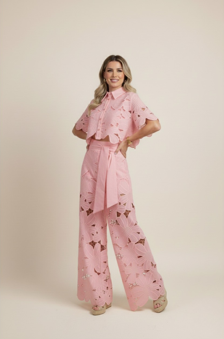 Two-Piece Set Women's Floral Embroidery Cut Out Summer Chic 4