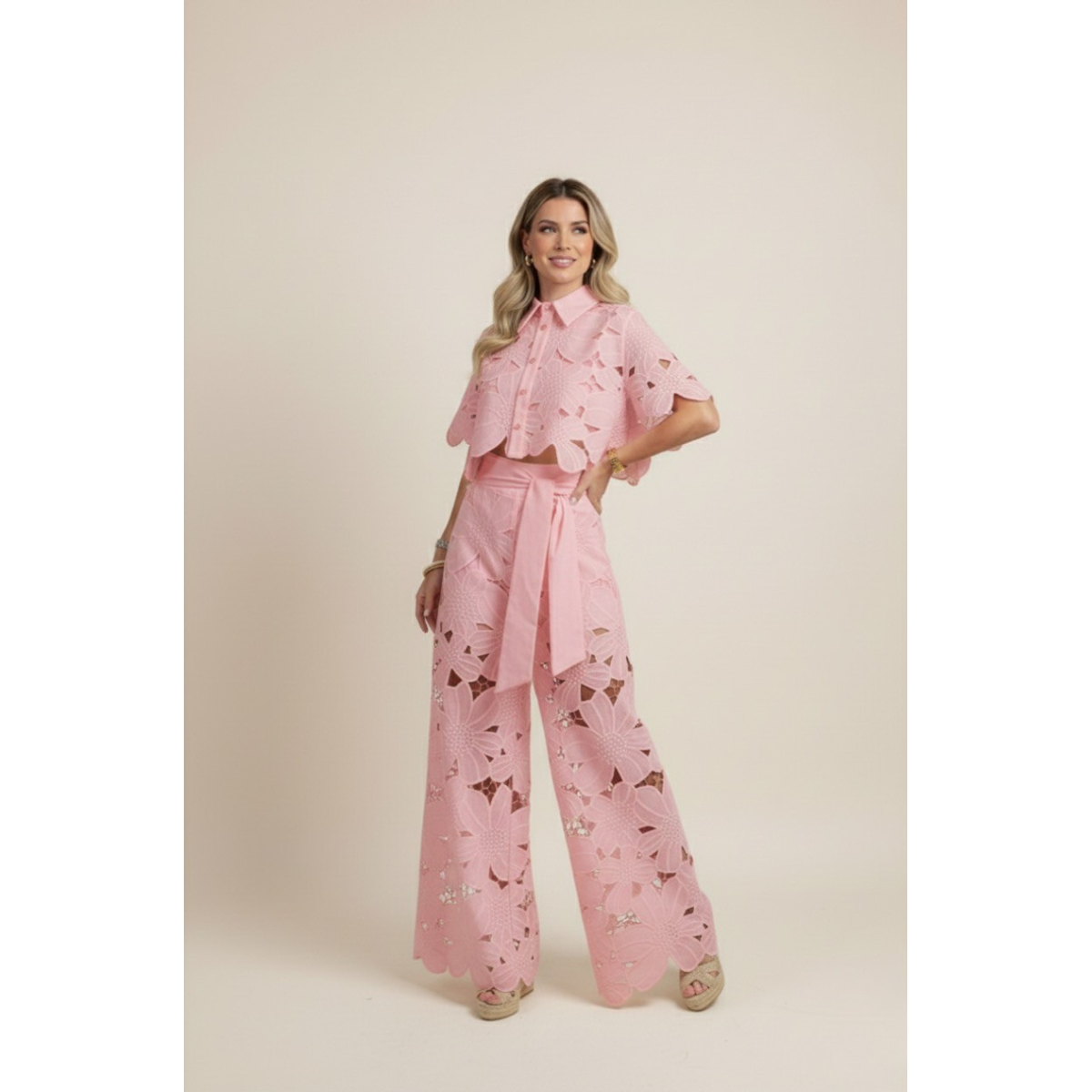 Two-Piece Set Women's Floral Embroidery Cut Out Summer Chic 5