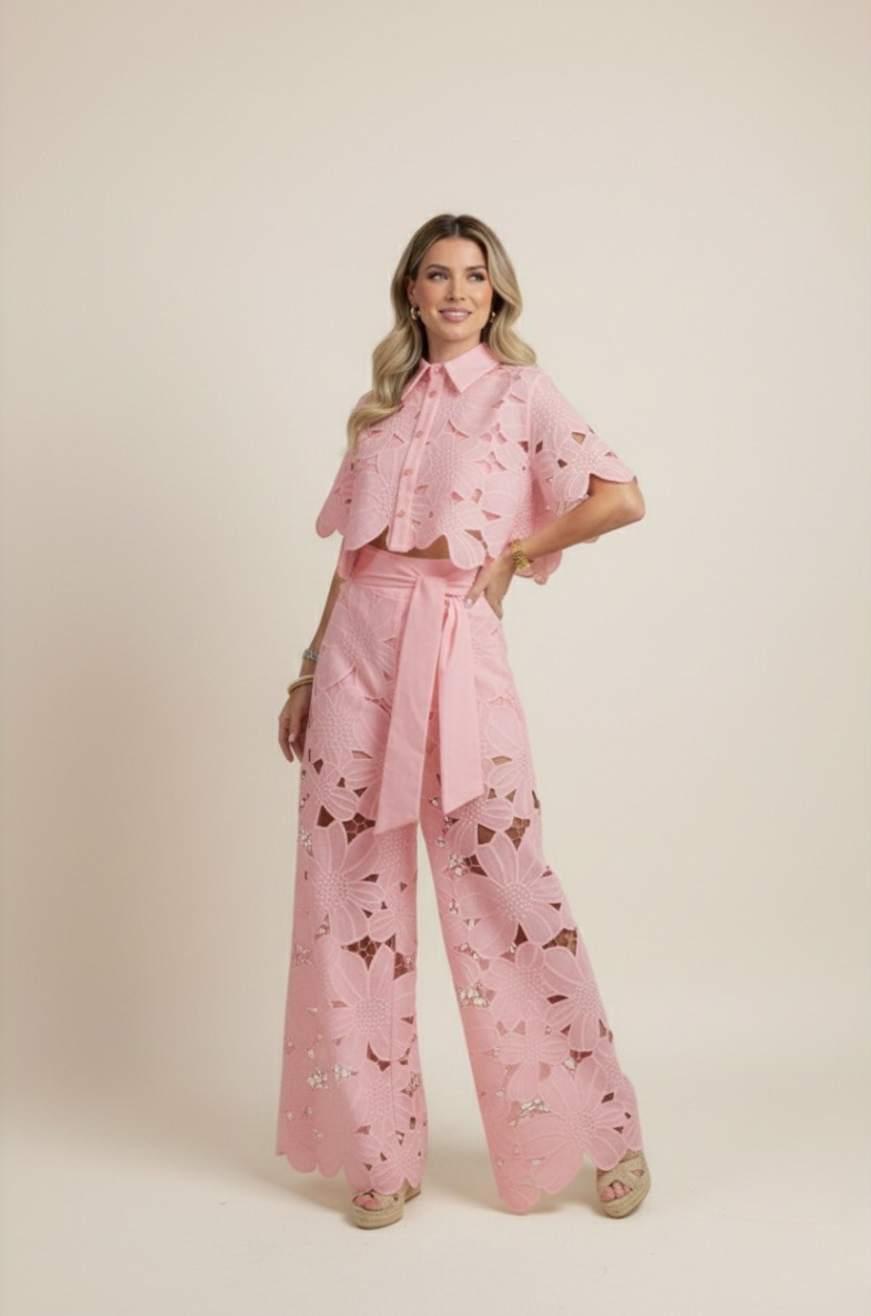 Two-Piece Set Women's Floral Embroidery Cut Out Summer Chic 5