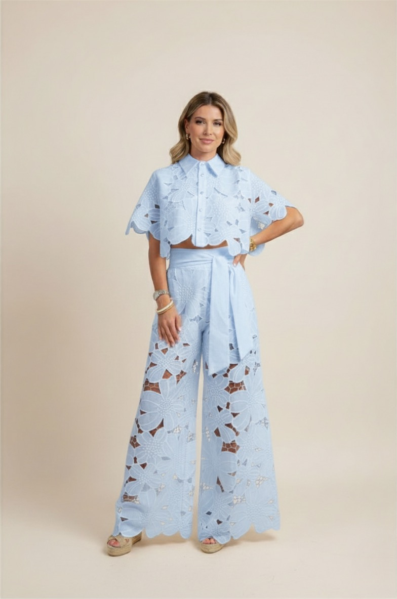 Two-Piece Set Women's Floral Embroidery Cut Out Summer Chic 6