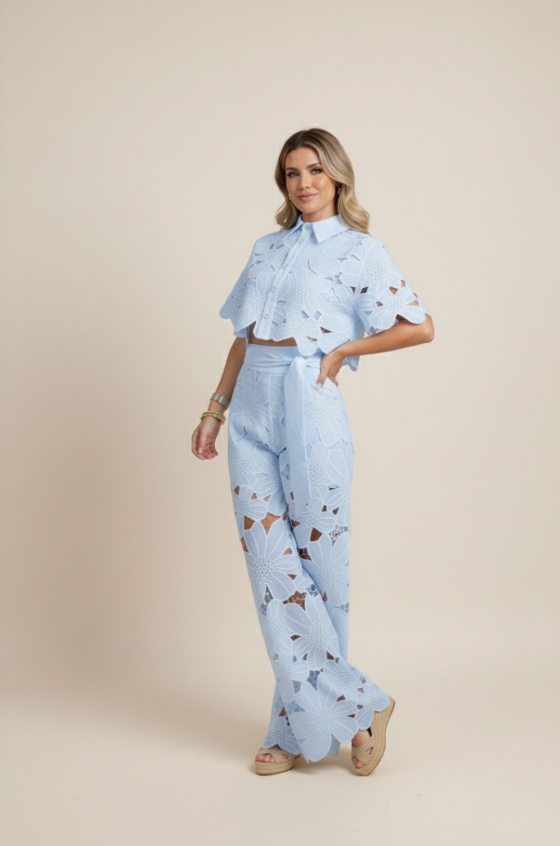 Two-Piece Set Women's Floral Embroidery Cut Out Summer Chic 8