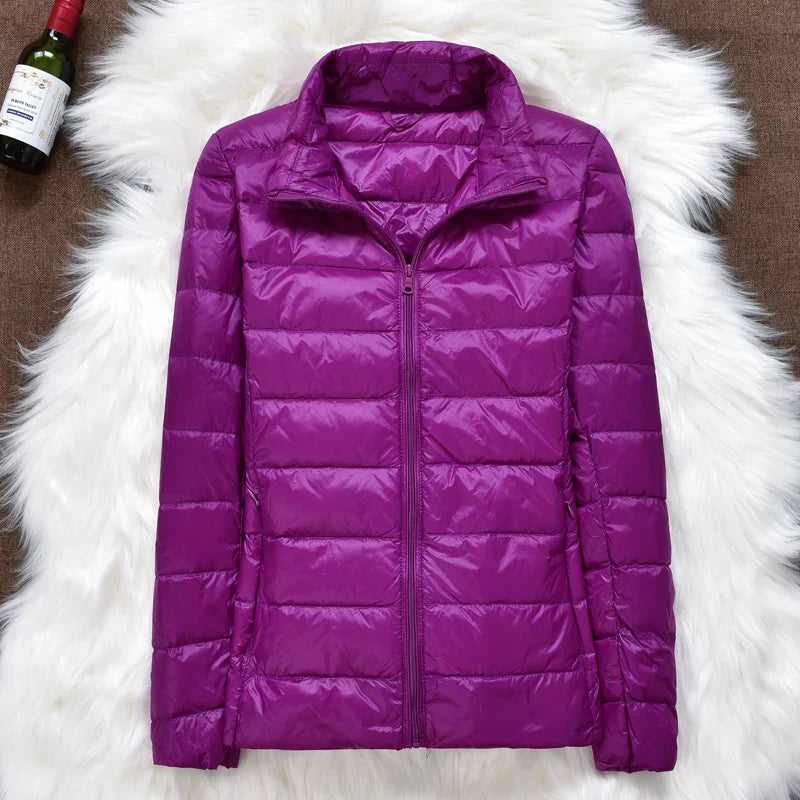 Ultra-Light Down Jacket Women Taupe Foldable Hooded Winter Coat 13