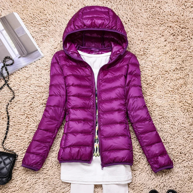 Ultra-Light Down Jacket Women Taupe Foldable Hooded Winter Coat 16