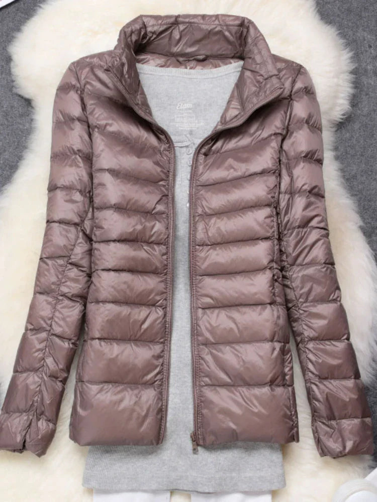 Ultra-Light Down Jacket Women Taupe Foldable Hooded Winter Coat 6