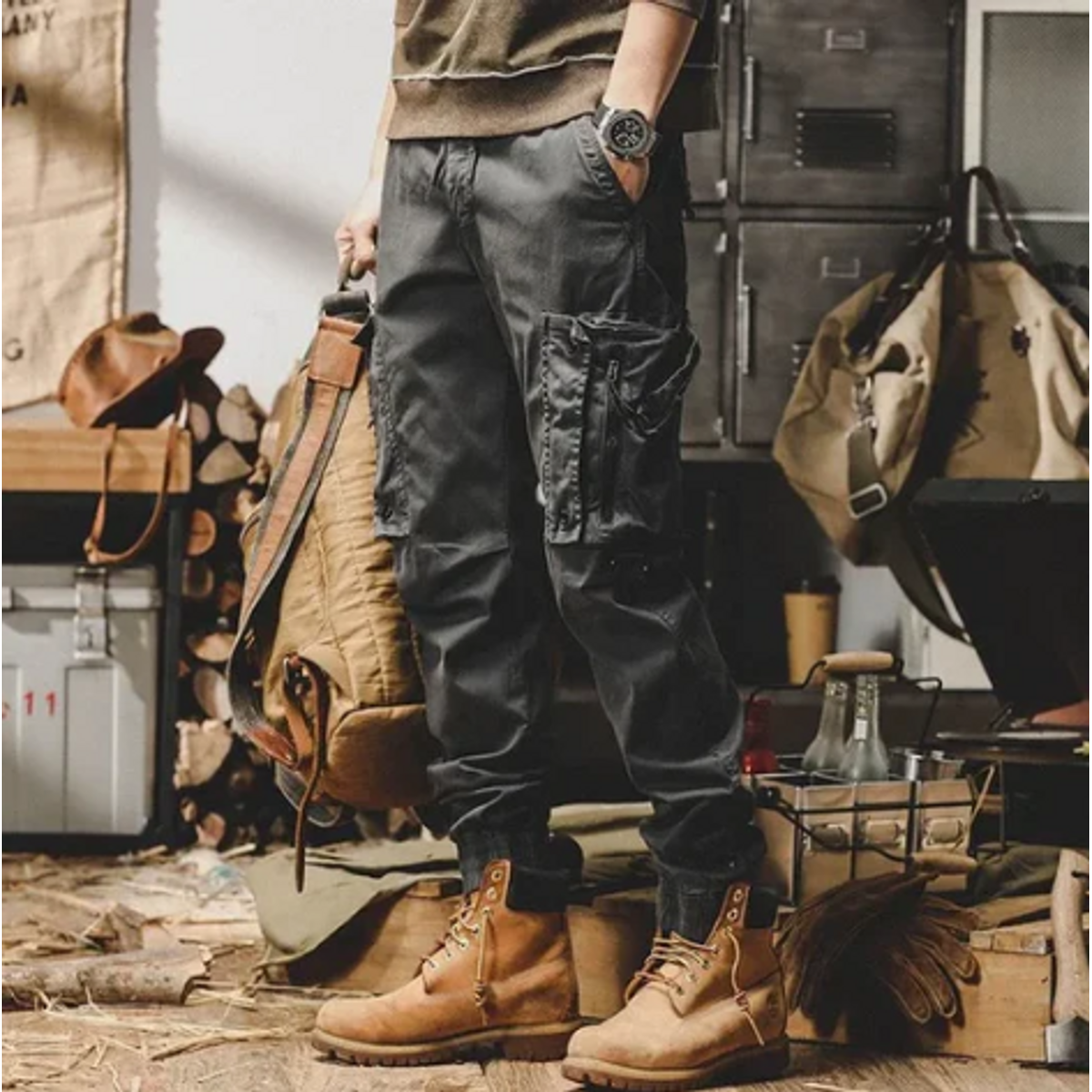 Urban Style - Mens Black Cargo Pants with High Waist, Utility Pockets, Relaxed Fit 3
