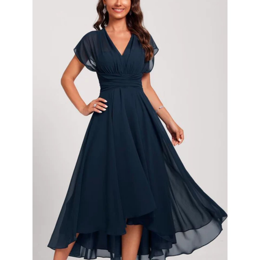 V-Neck Flared Midi Dress Women Elegant Formal Style 0