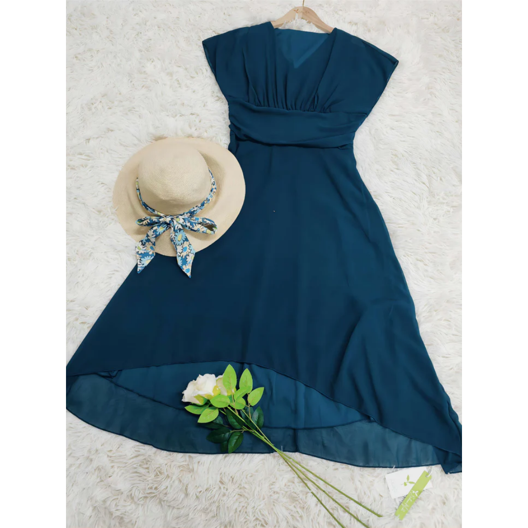 V-Neck Flared Midi Dress Women Elegant Formal Style 1