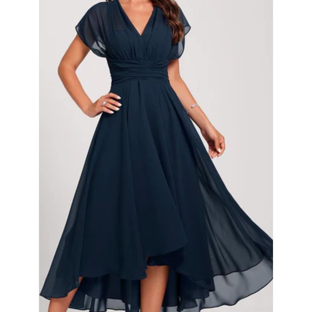 V-Neck Flared Midi Dress Women Elegant Formal Style 2