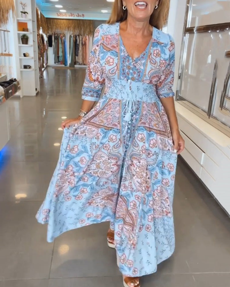 V-Neck Maxi Dress with Sleeves Casual Vacation Style for Women 0