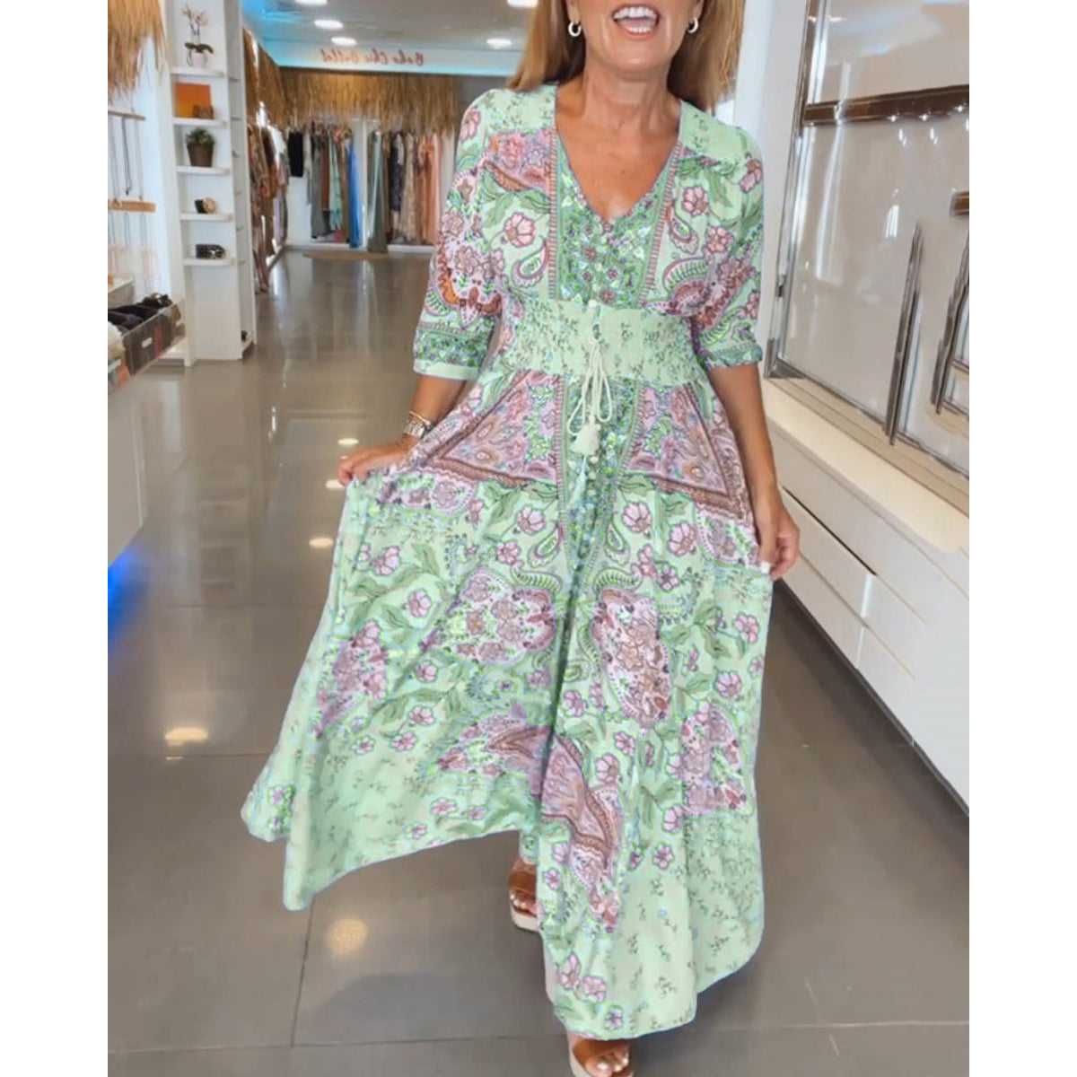 V-Neck Maxi Dress with Sleeves Casual Vacation Style for Women 8