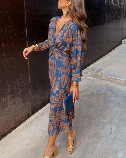V-Neck Midi Dress Long Sleeve Paisley Print Cocktail Dress for Women 0
