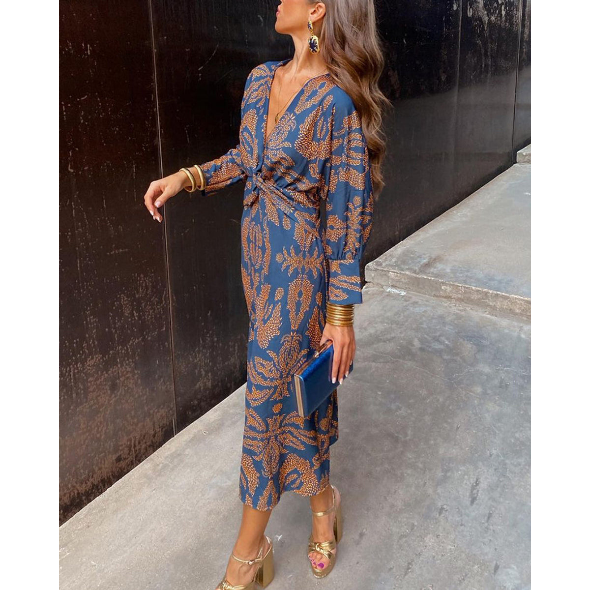 V-Neck Midi Dress Long Sleeve Paisley Print Cocktail Dress for Women 1