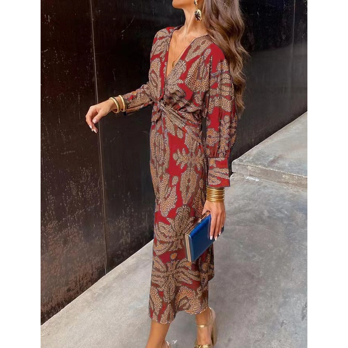 V-Neck Midi Dress Long Sleeve Paisley Print Cocktail Dress for Women 10